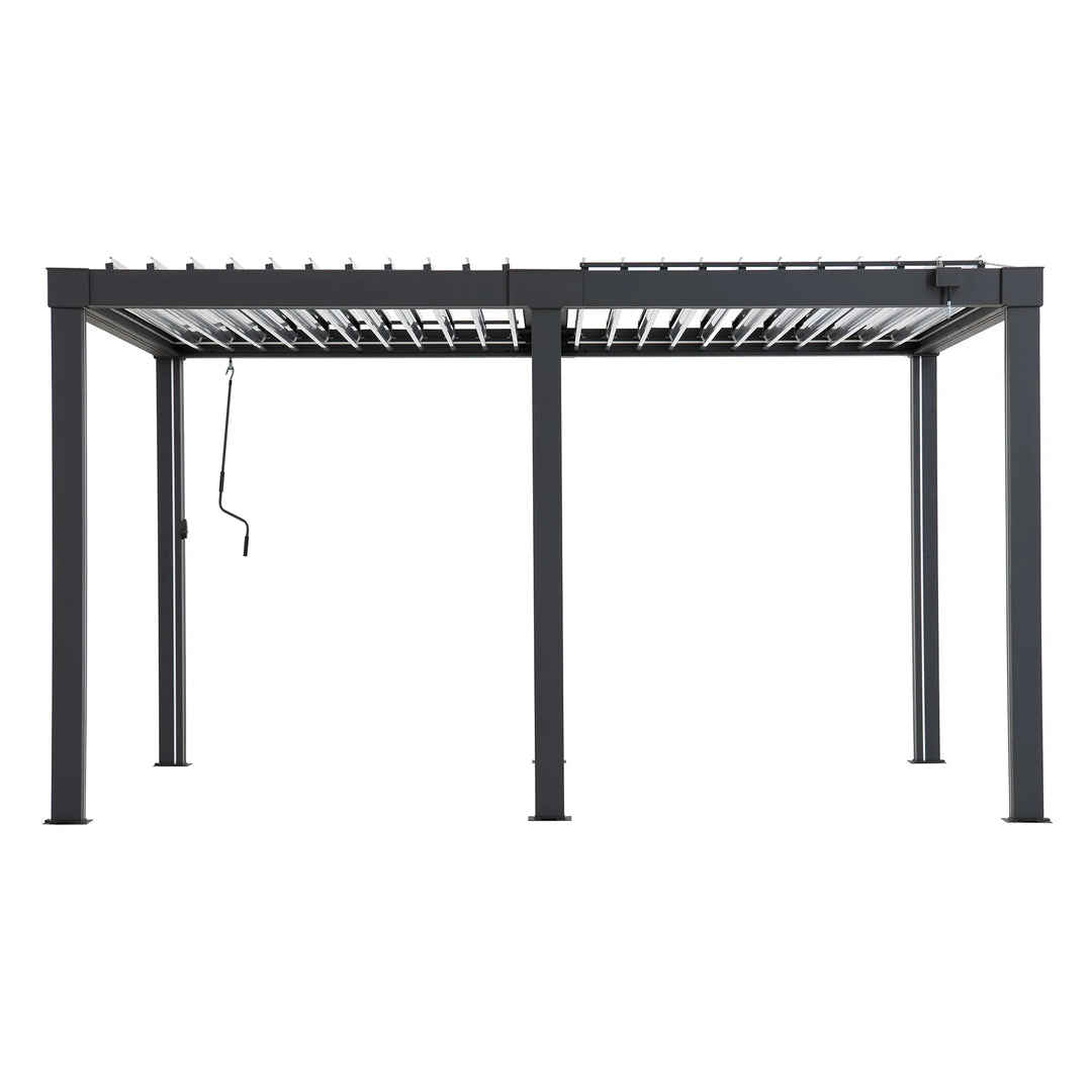 Black metal pergola structure on a white background