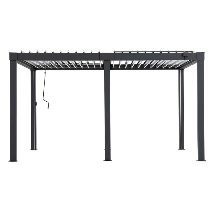 Black metal pergola structure on a white background