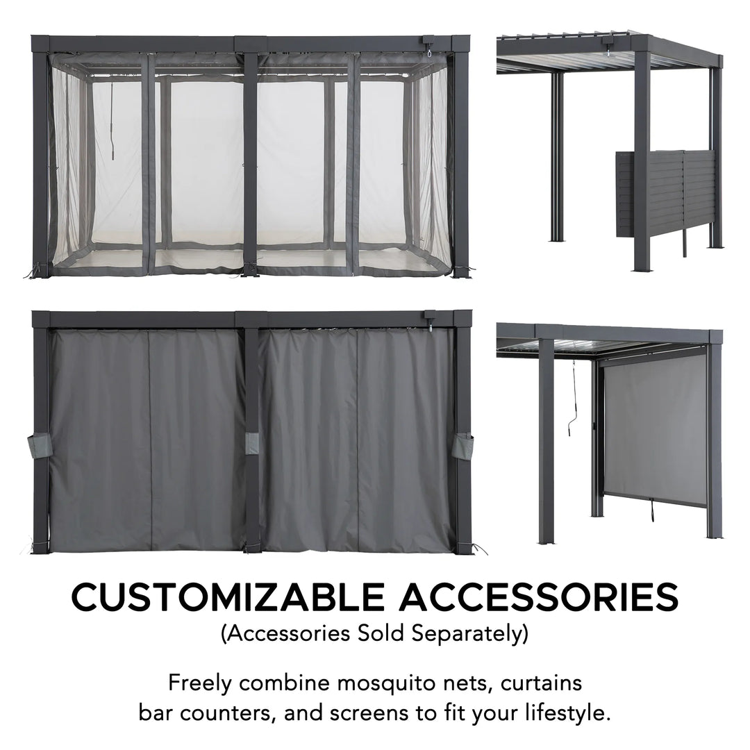 Collage of customizable outdoor accessories including mosquito nets, curtains, and bar counters on a white background.