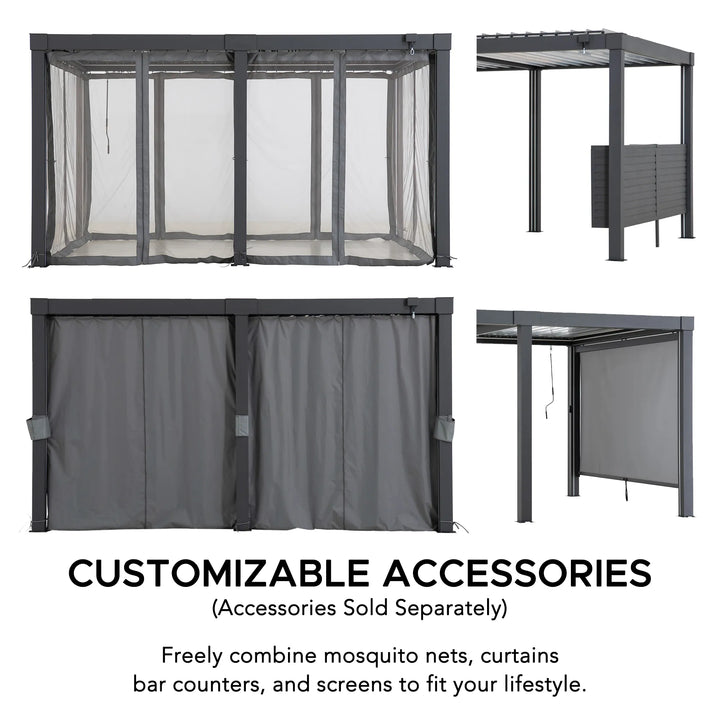 Collage of customizable outdoor accessories including mosquito nets, curtains, and bar counters on a white background.