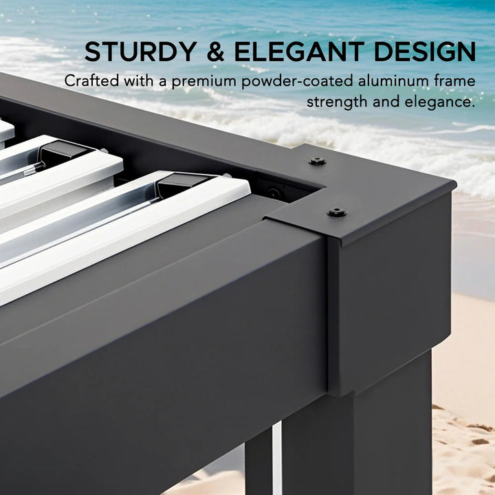 Black metal railing with text about sturdiness and elegance on a beach background