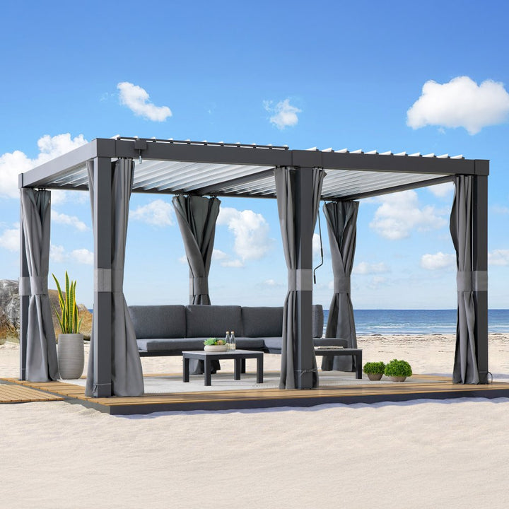 Outdoor gazebo with curtains on a beach setting