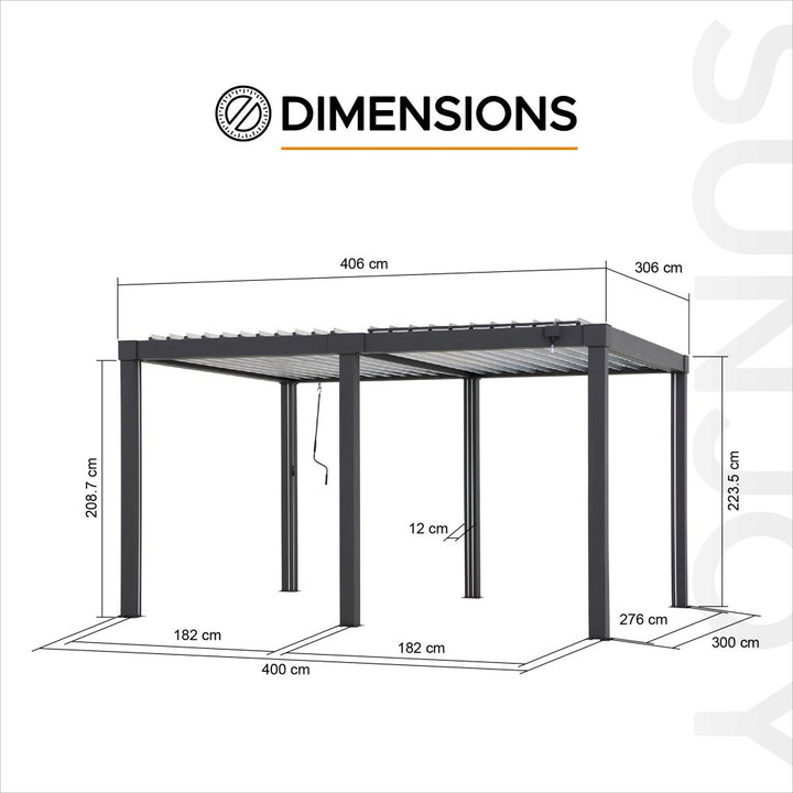 Dimensions of a metal gazebo structure with labeled measurements on a white background.
