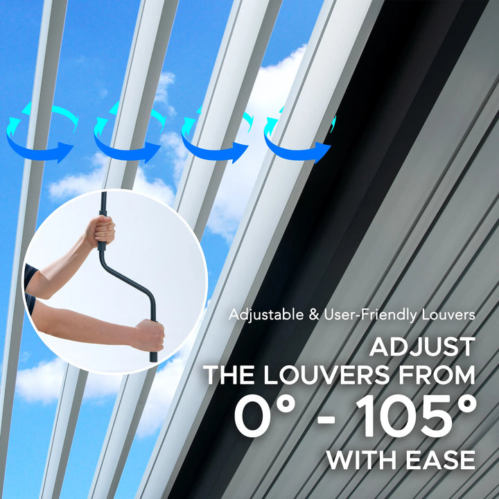 Adjustable window louvers with a hand holding a tool, set against a blue sky.