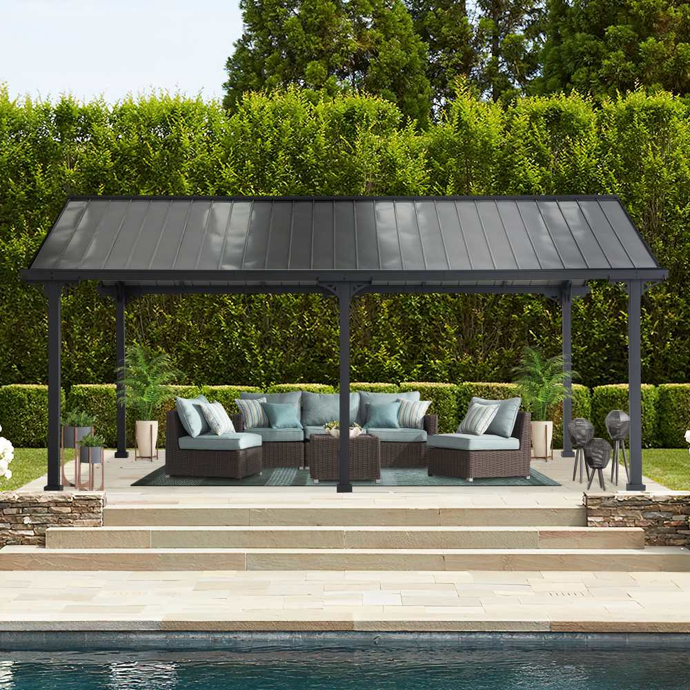 Outdoor patio with pergola, furniture, and pool in a garden setting