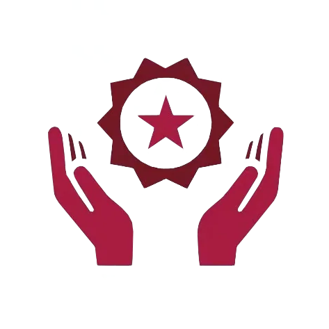 Red icon of two hands holding a red star emblem on a white background