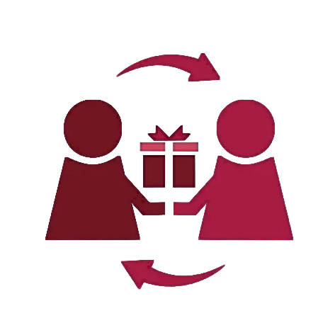 Two red figures exchanging a gift with arrows indicating the action.