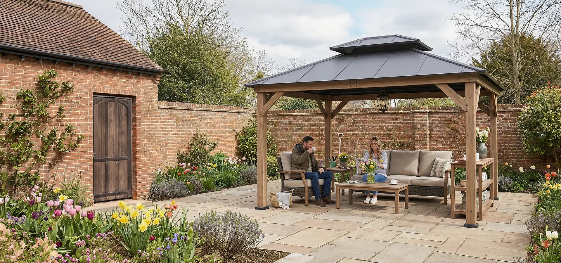 cedar gazebo stand in garden
