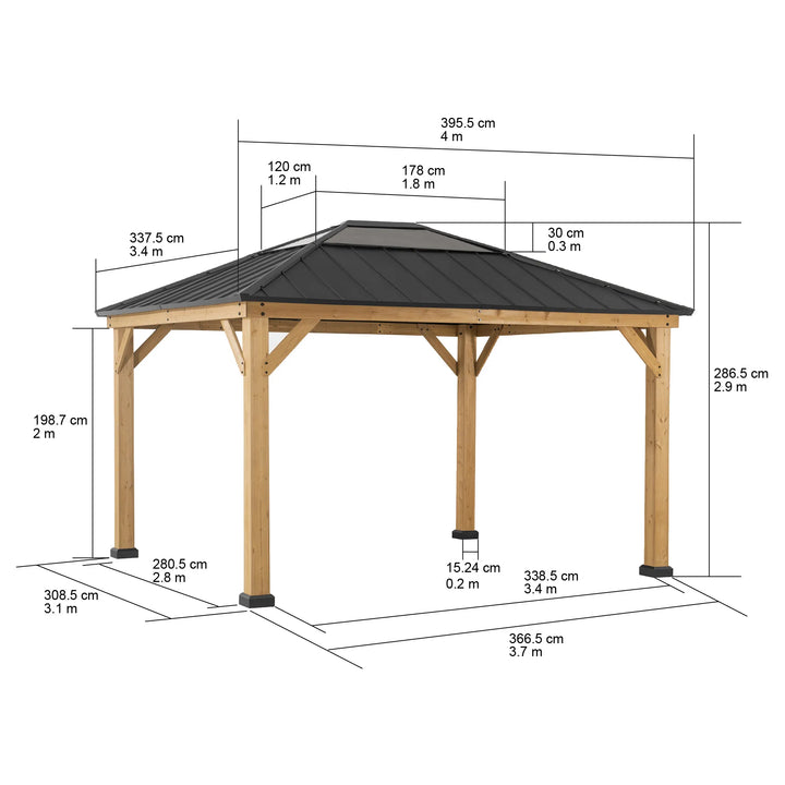 Dimensions of a wooden gazebo with a black roof on a white background