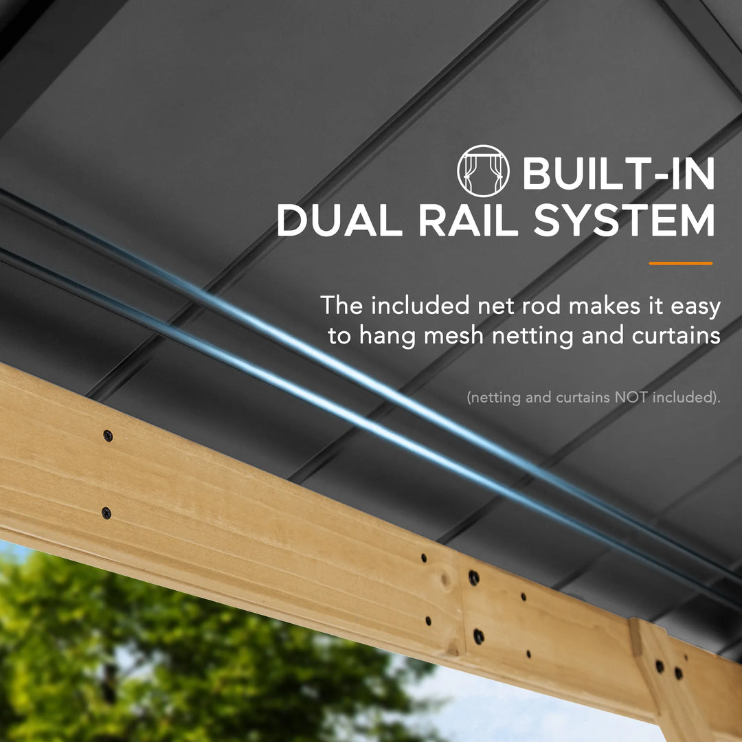 Wooden pergola with built-in dual rail system for hanging mesh netting and curtains.
