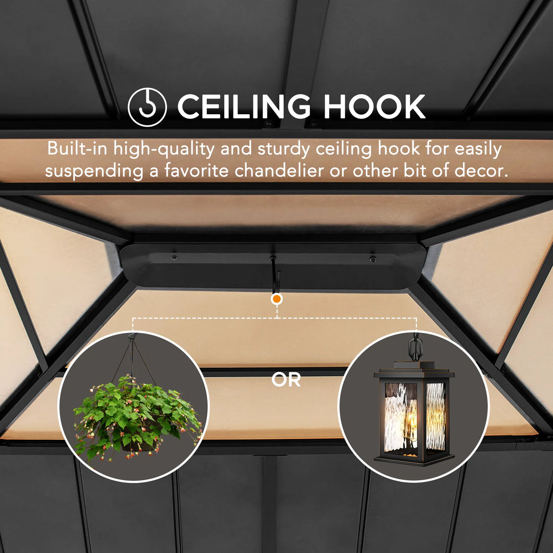 Ceiling hook feature with chandelier and plant illustrations on a gazebo interior.