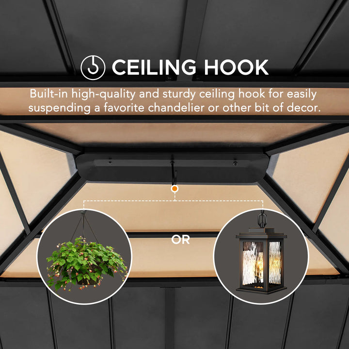 Ceiling hook feature with chandelier and plant illustrations on a gazebo interior.