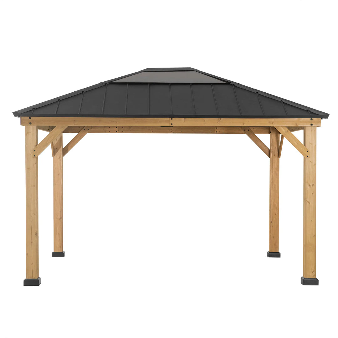 Wooden gazebo with a black roof on a white background