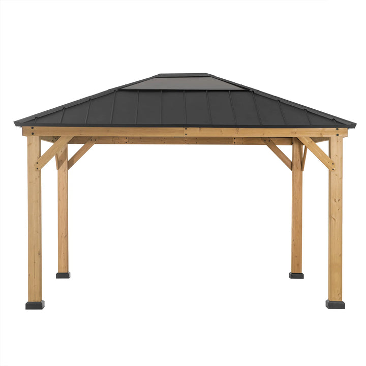 Wooden gazebo with a black roof on a white background