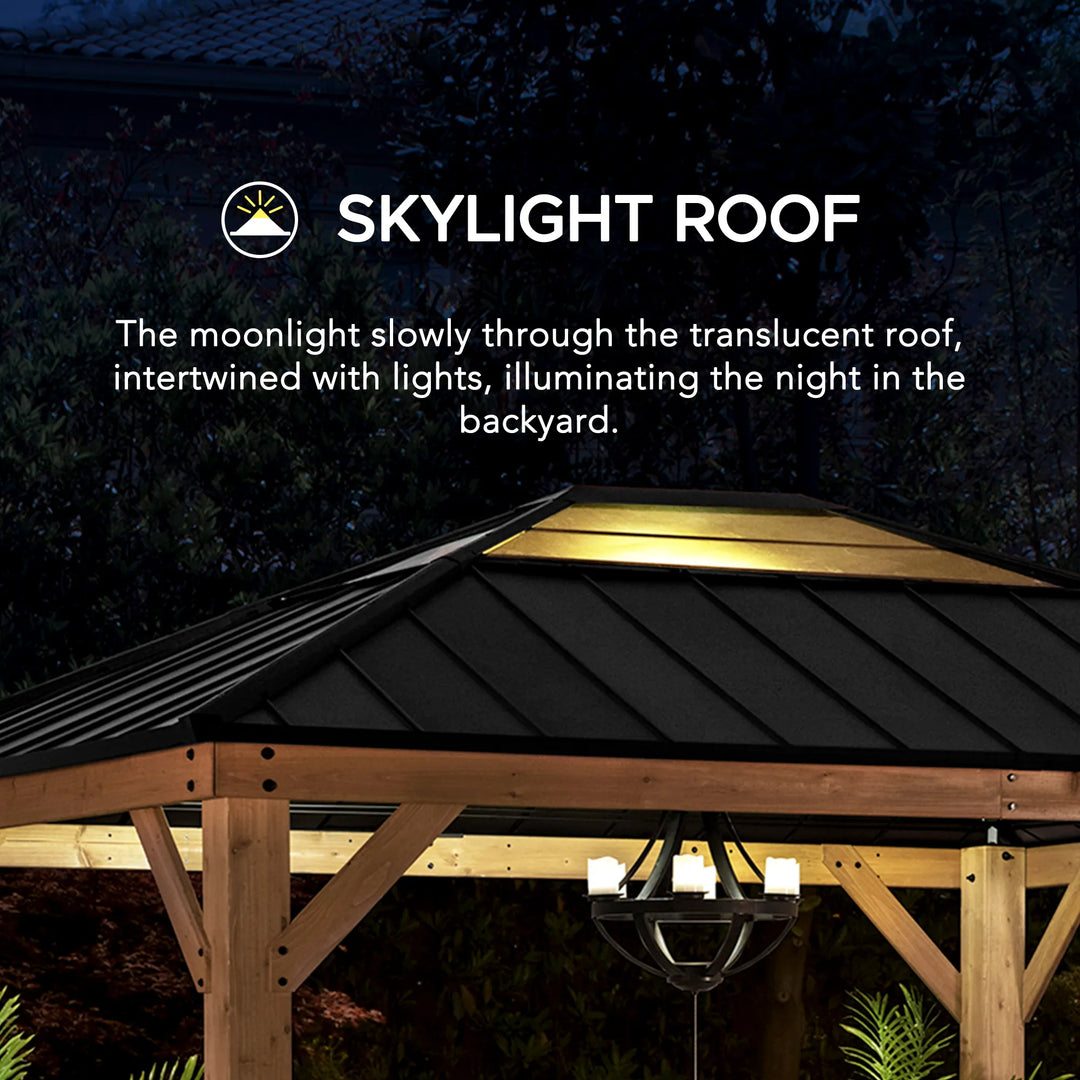 Wooden gazebo with a skylight roof at night, illuminated by lights.