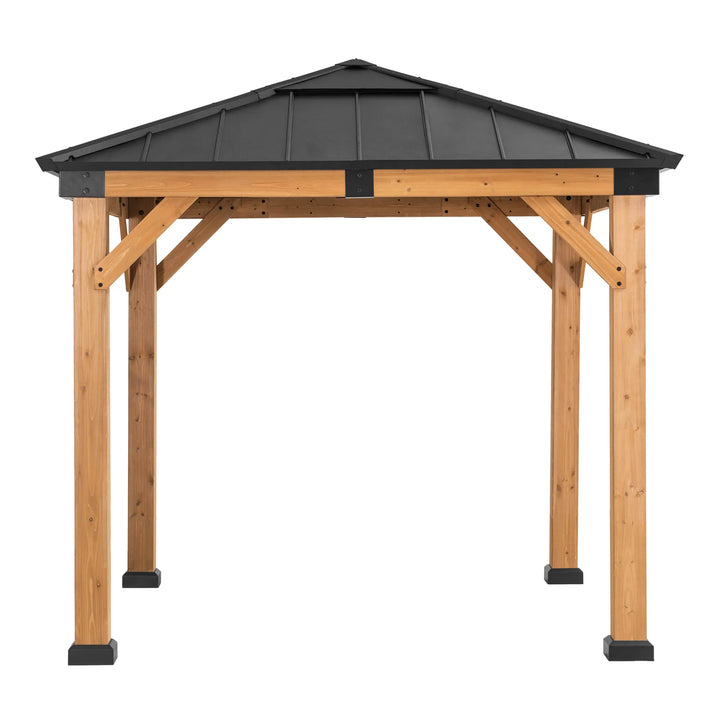 Wooden gazebo with a black metal roof on a white background