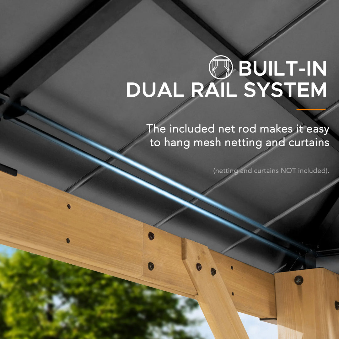 Wooden pergola with built-in dual rail system for mesh netting and curtains, with text overlay.