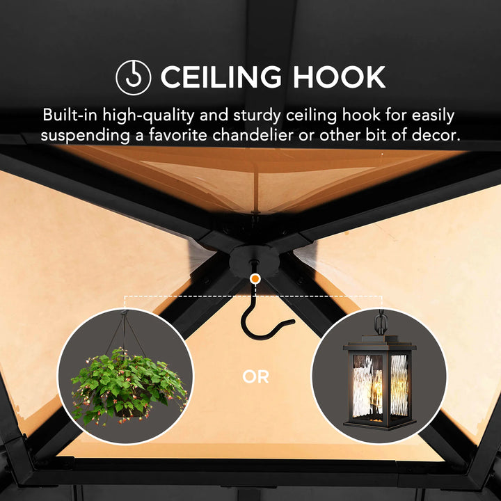 Ceiling hook feature with chandelier and plant illustrations on a black background