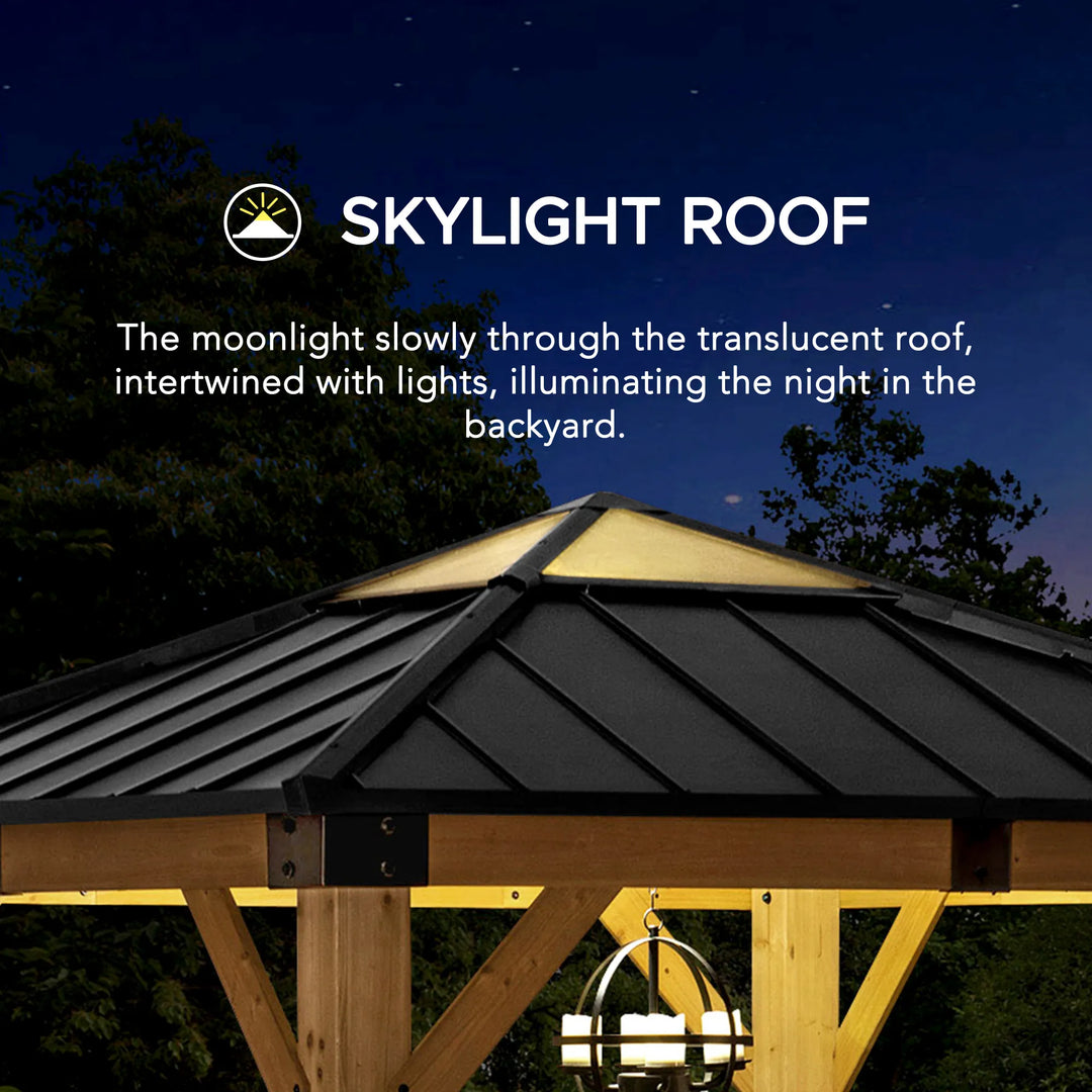 Wooden gazebo with a skylight roof at night, illuminated by lights, with 'Skylight Roof' branding.