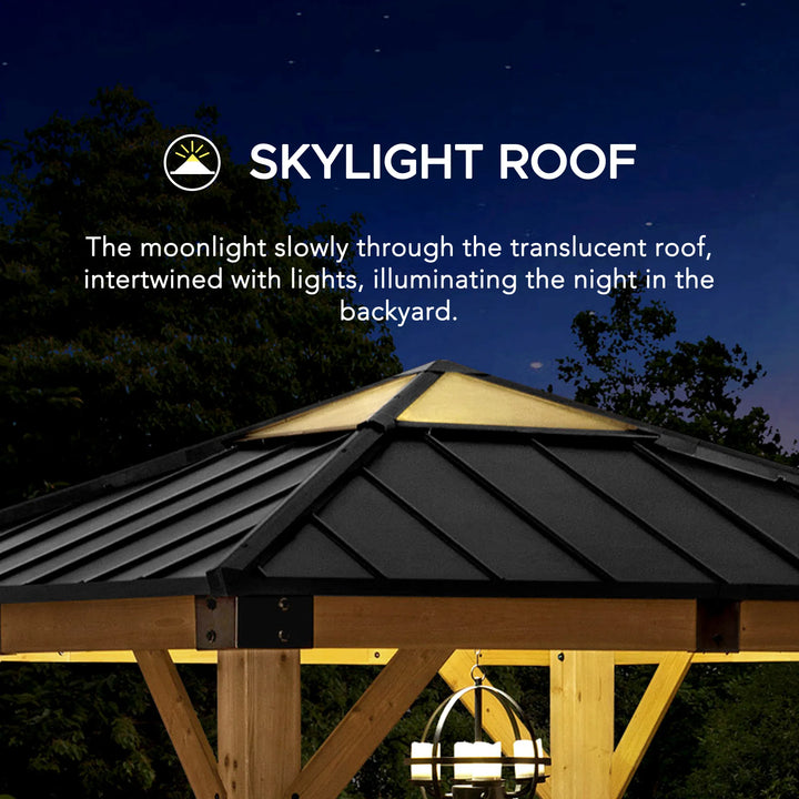 Wooden gazebo with a skylight roof at night, illuminated by lights, with 'Skylight Roof' branding.