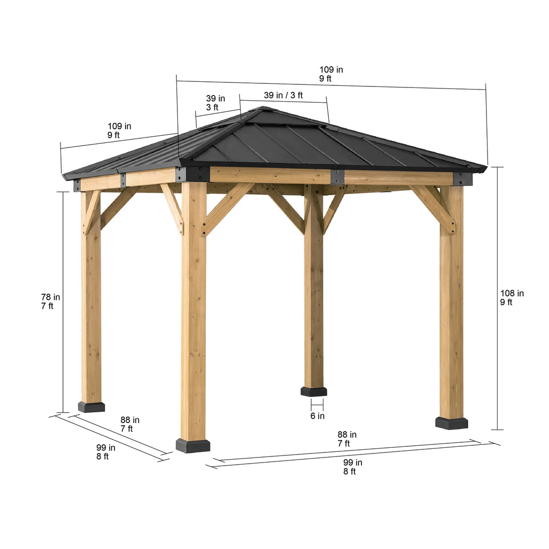 Wooden gazebo with dimensions labeled on a white background