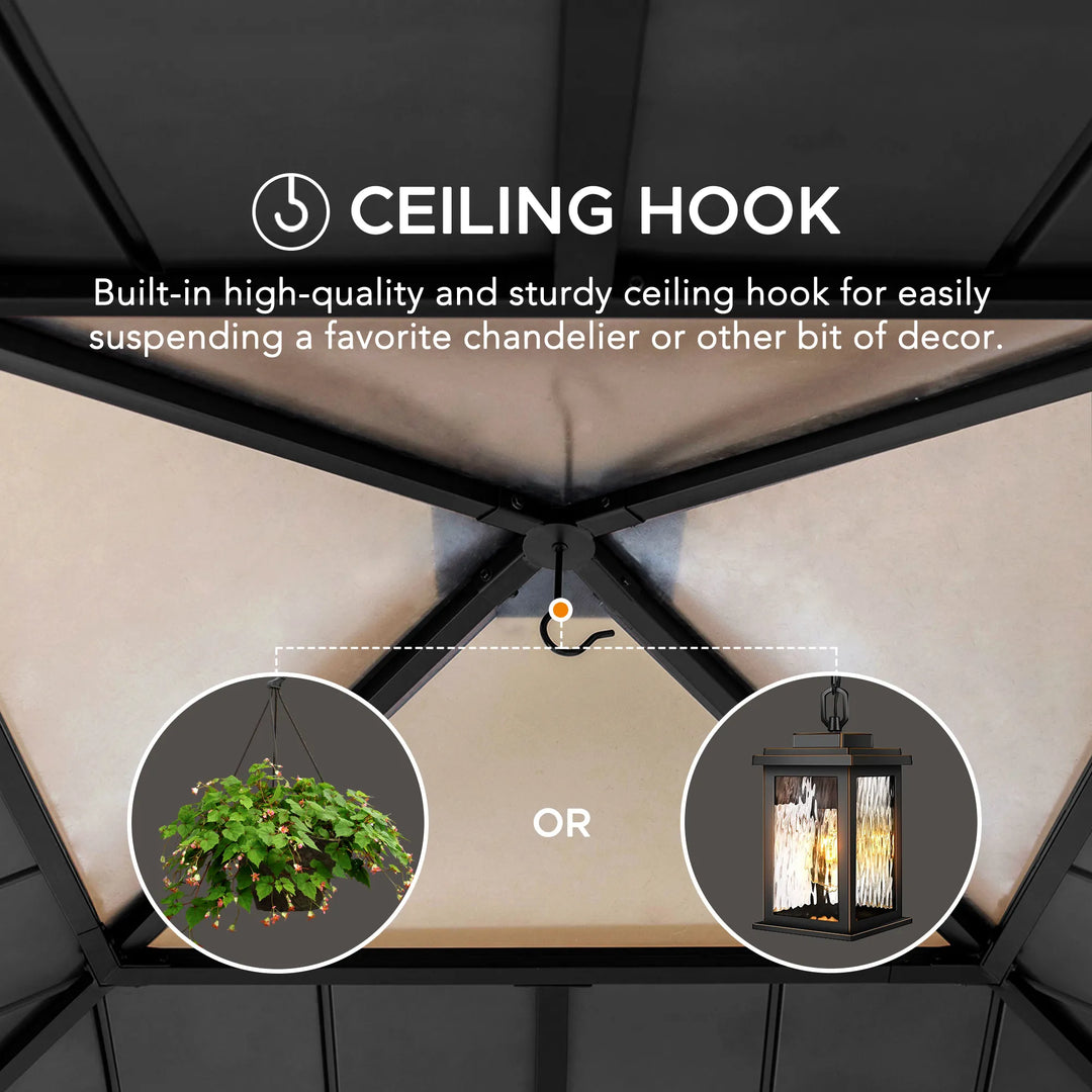 Ceiling hook feature with chandelier and lantern examples on a ceiling.