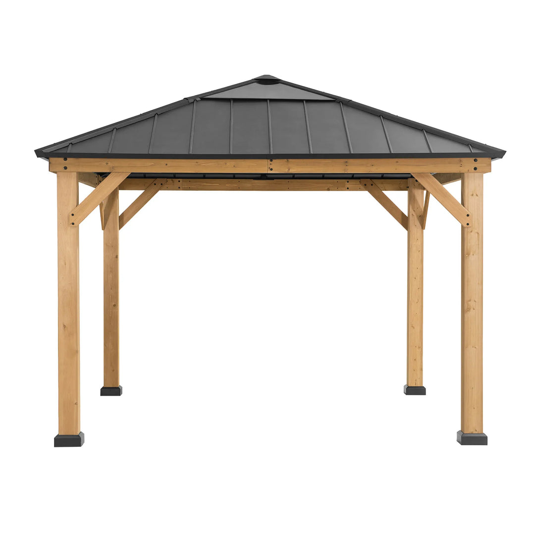 Wooden gazebo with a black metal roof on a white background