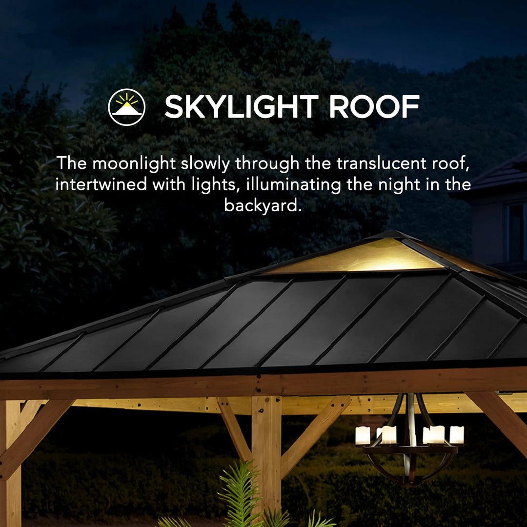 Wooden gazebo with a skylight roof at night, illuminated by lights, with 'Skylight Roof' branding.