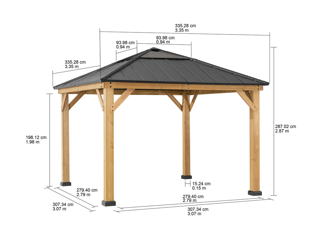 Wooden gazebo with outdoor furniture and lighting at night