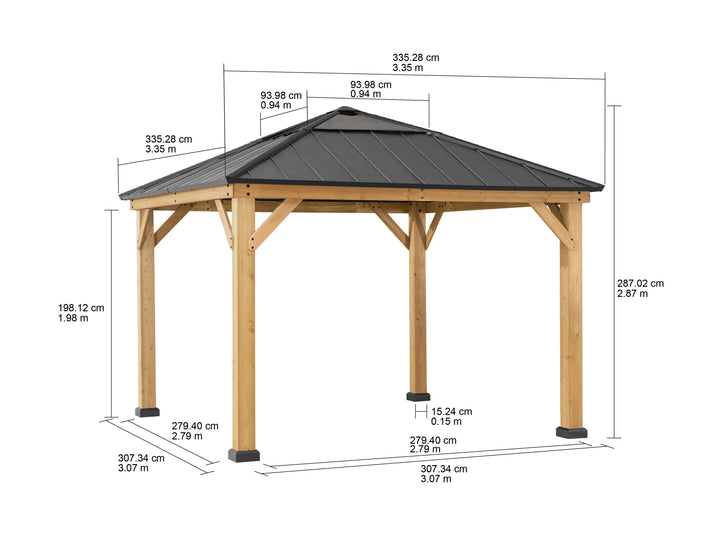 Wooden gazebo with outdoor furniture and lighting at night