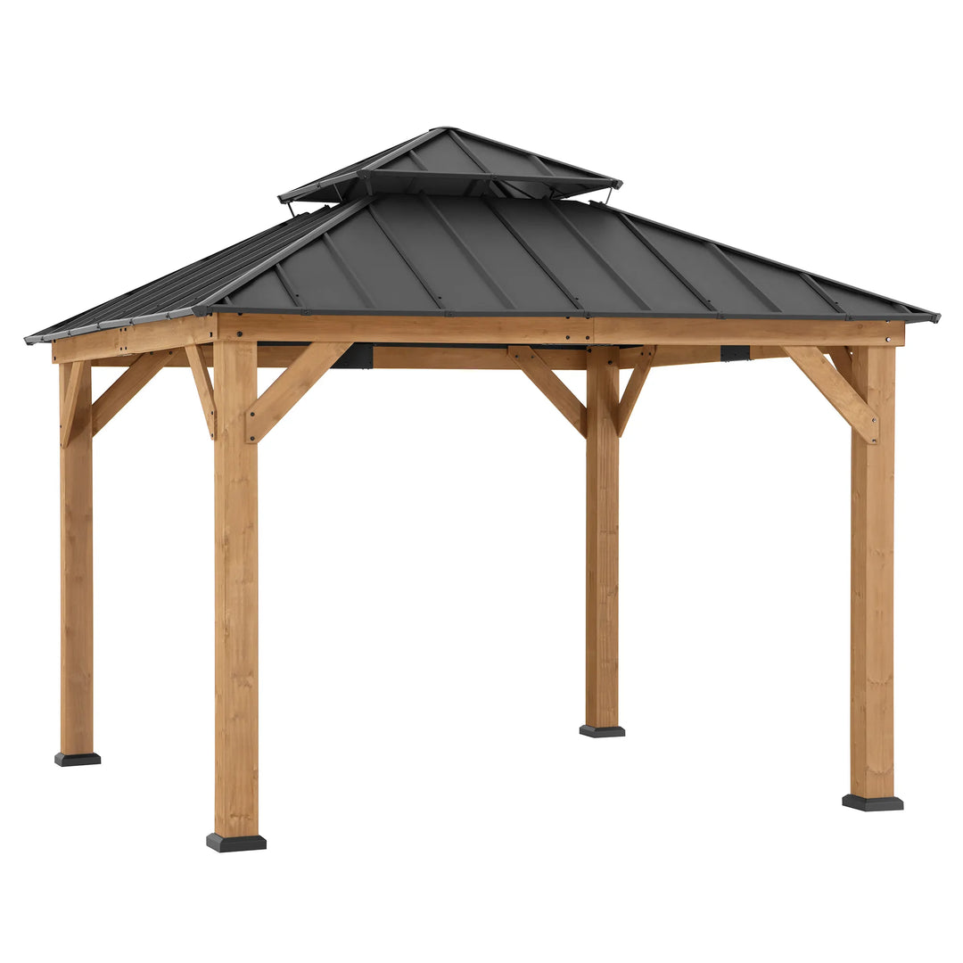 SUNJOY 3.3m x 3.3m Wooden Hardtop Gazebo - Warm Cedar