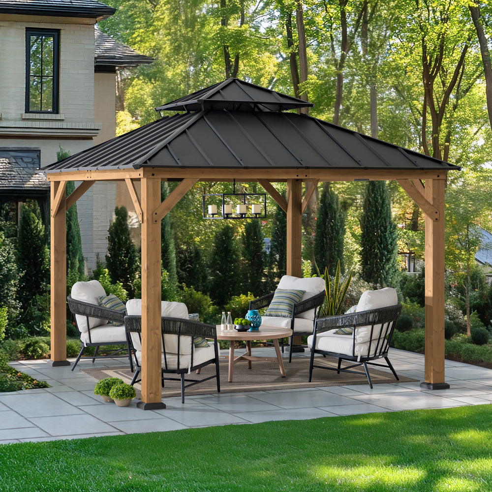SUNJOY KAPS Outdoor Wooden Gazebo with 2-tier Metal Roof and Ceiling Hook - 3.3m x 3.3m