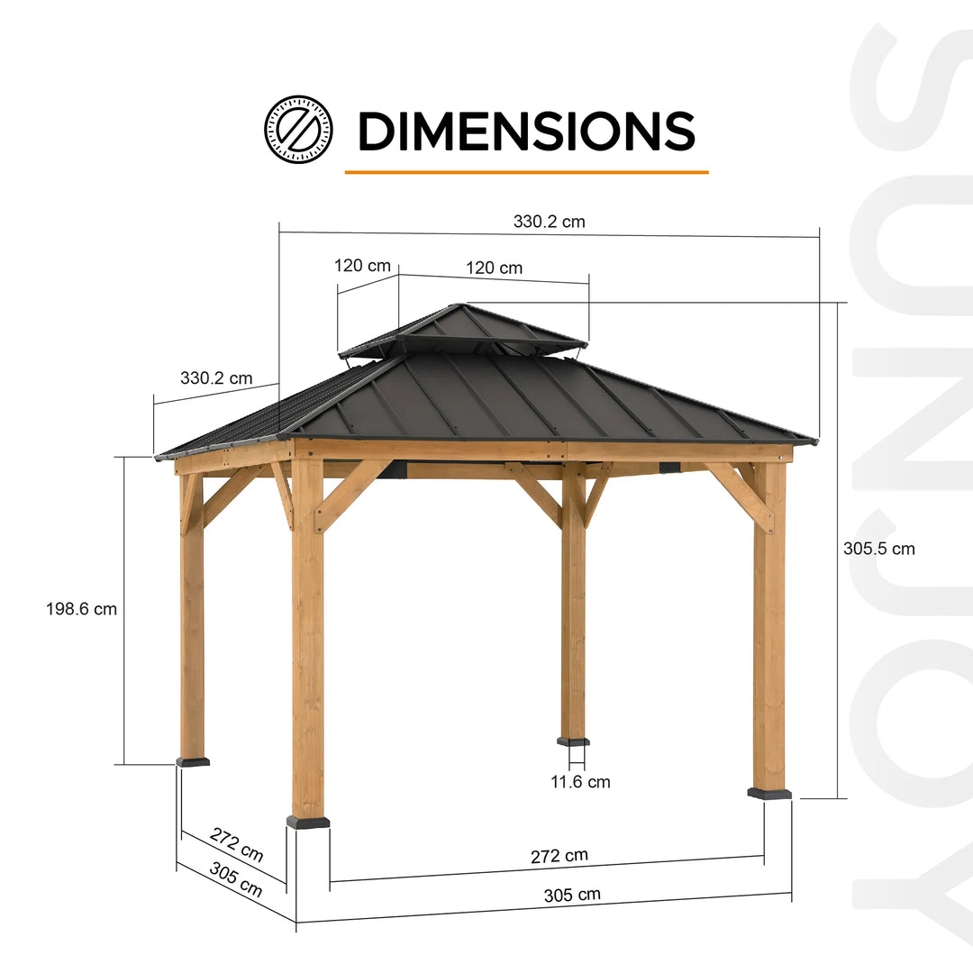 Dimensions of a SUNJOY 3.3m x 3.3m Wood Gazebo - Warm Cedar