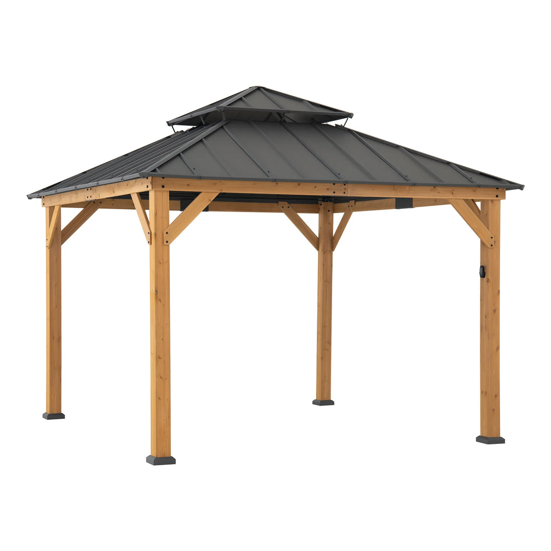 SUNJOY 3.3m x 3.3m Wooden Gazebo with Solar LED light