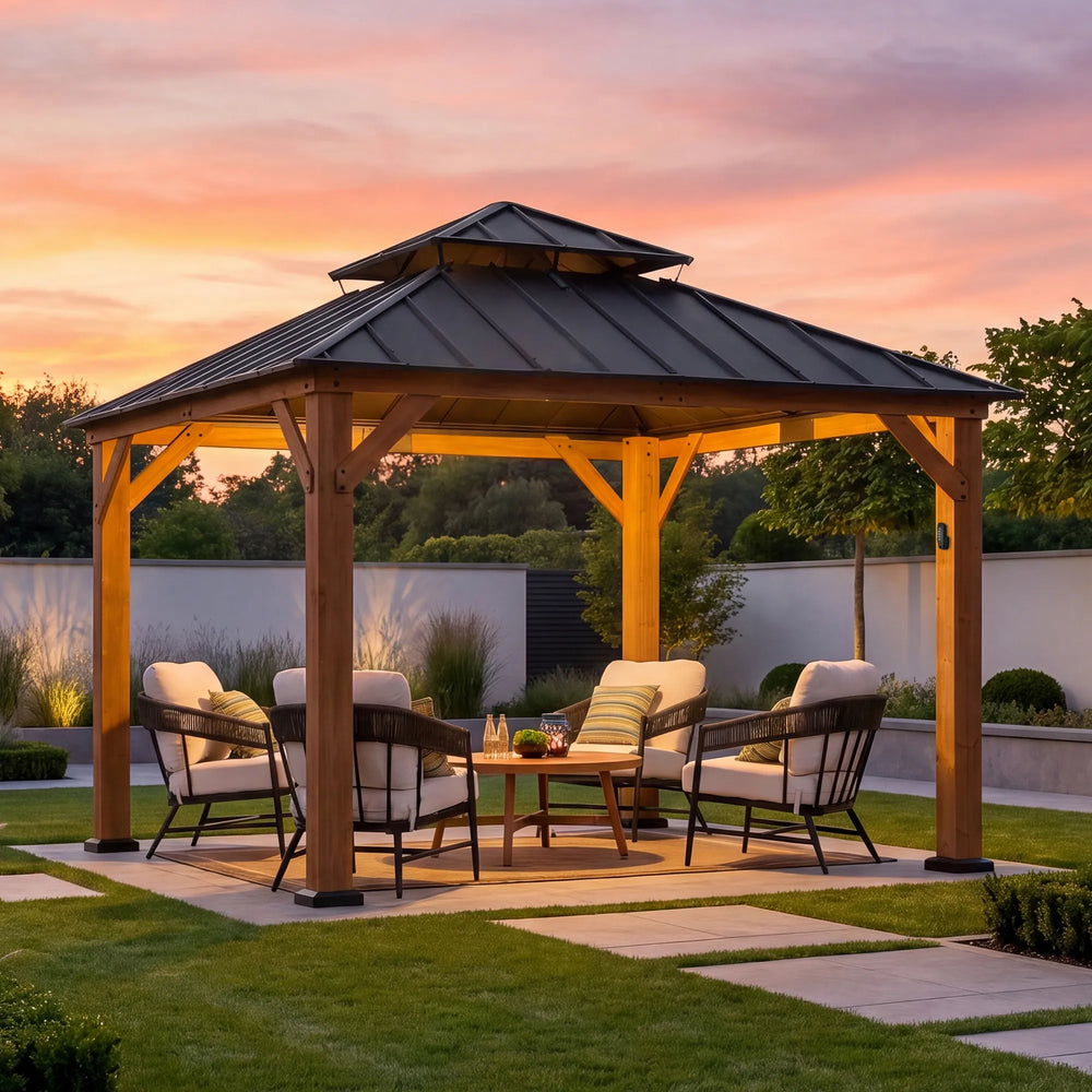 SUNJOY 3.3m x 3.3m Wooden Gazebo with Solar LED light