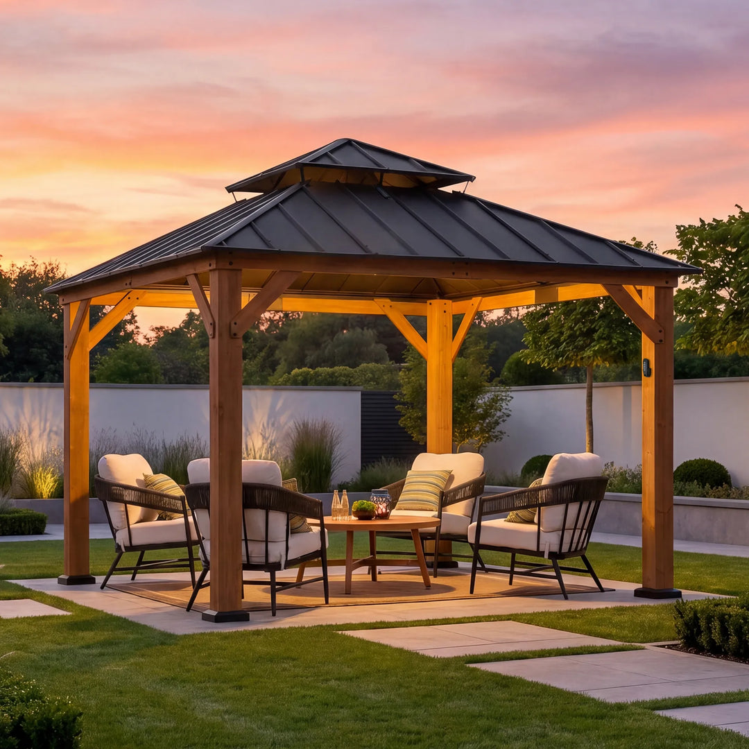 SUNJOY 3.3m x 3.3m Wooden Gazebo with Solar LED light