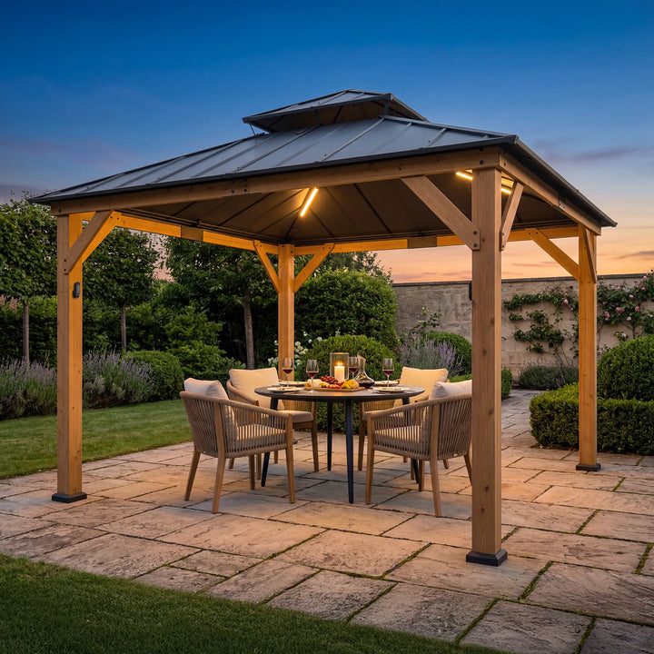 SUNJOY 3.3m x 3.3m Wooden Gazebo with Solar LED light