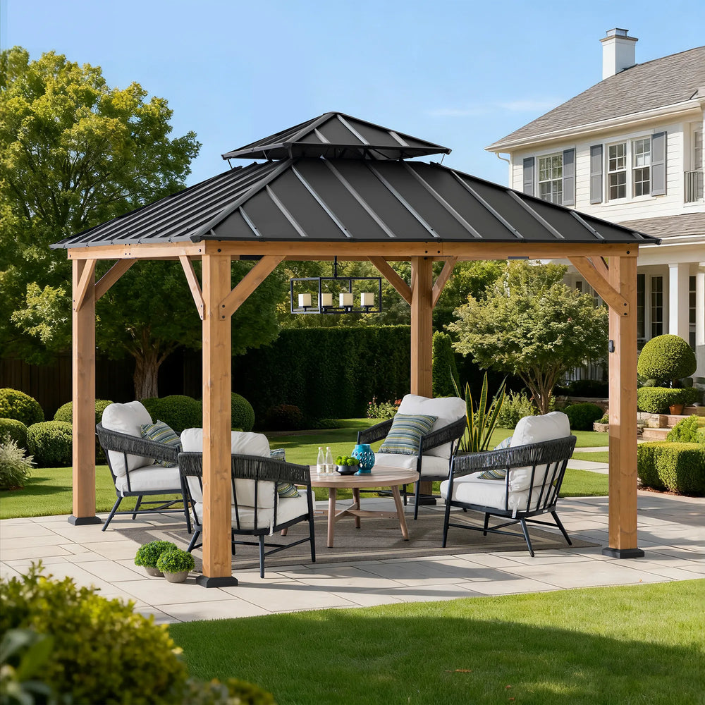 SUNJOY 3.3m x 3.3m Wooden Gazebo with Solar LED light