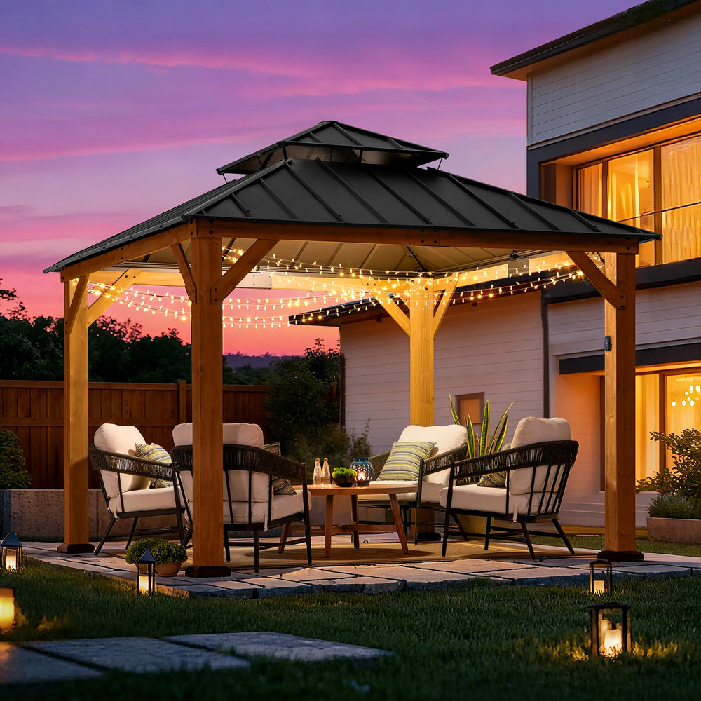 SUNJOY 3.3m x 3.3m Wooden Gazebo with Solar LED light 