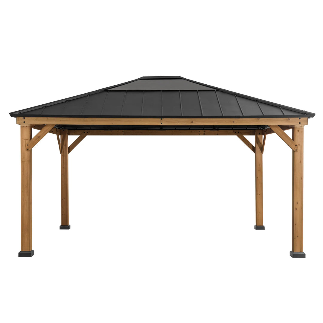 Wooden gazebo with a black roof on a white background