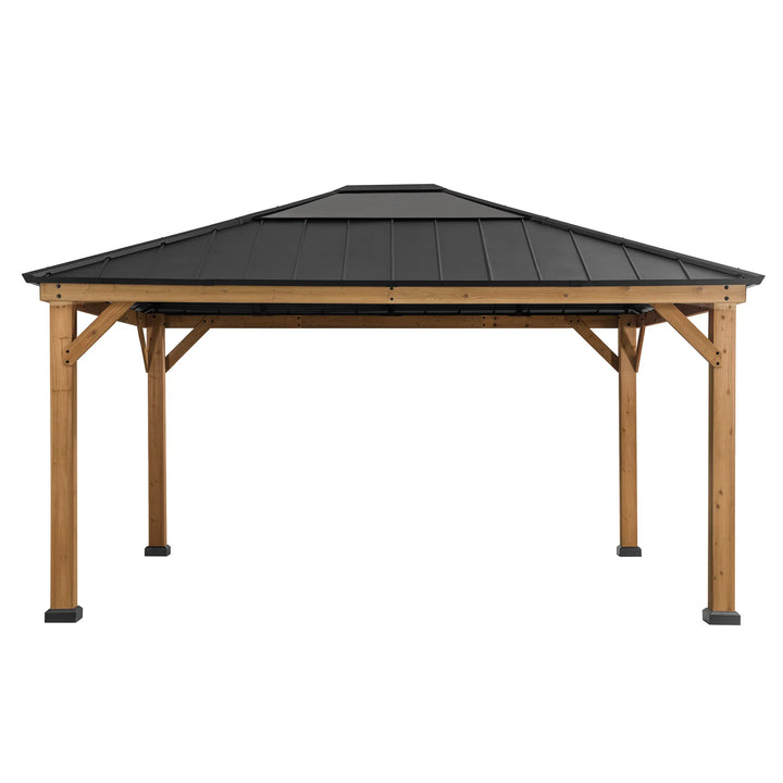 Wooden gazebo with a black roof on a white background