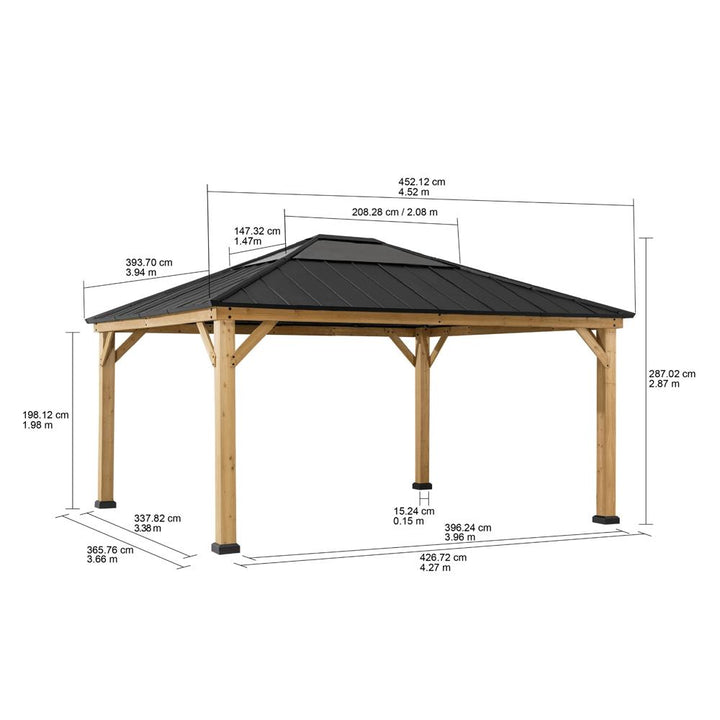 Measurement chart of a wooden gazebo with dimensions labeled