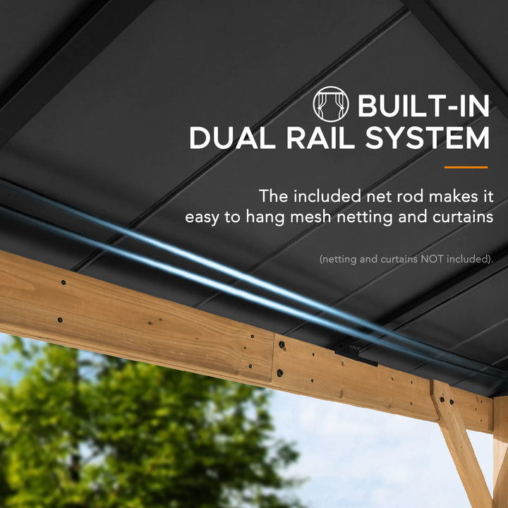 Wooden pergola with a built-in dual rail system for hanging mesh netting and curtains, with text overlay.