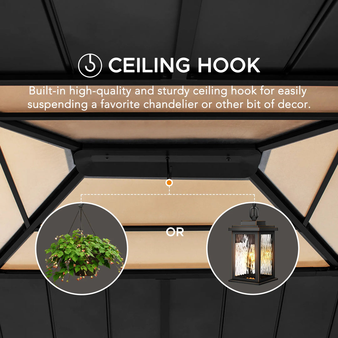 Ceiling hook feature with chandelier and plant illustrations on a black ceiling.
