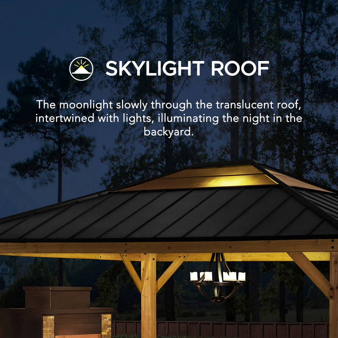 Wooden gazebo with a skylight roof at night, illuminated by lights, surrounded by trees.