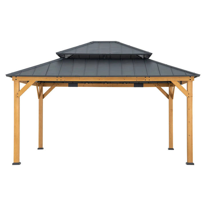 Wooden gazebo with a dark roof on a white background