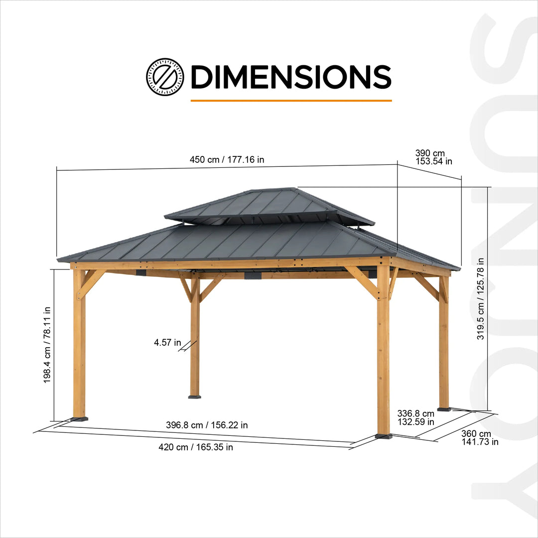 Dimensions of a wooden gazebo with measurements in centimeters and inches.