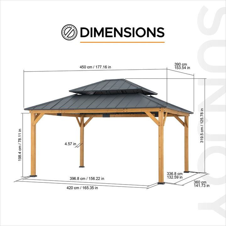 Dimensions of a wooden gazebo with measurements in centimeters and inches.