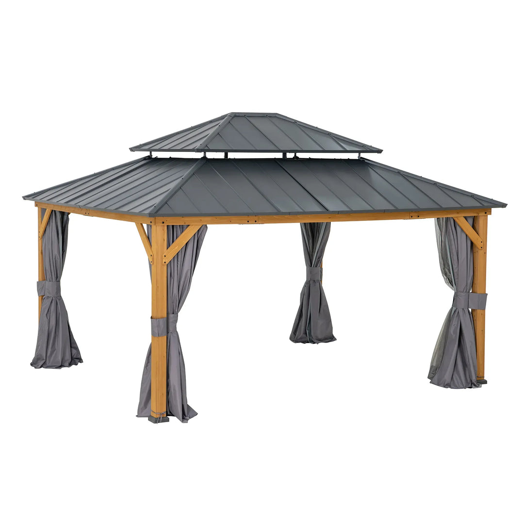 SUNJOY 3.9m x 4.5m Wood Gazebo with Netting & Curtain