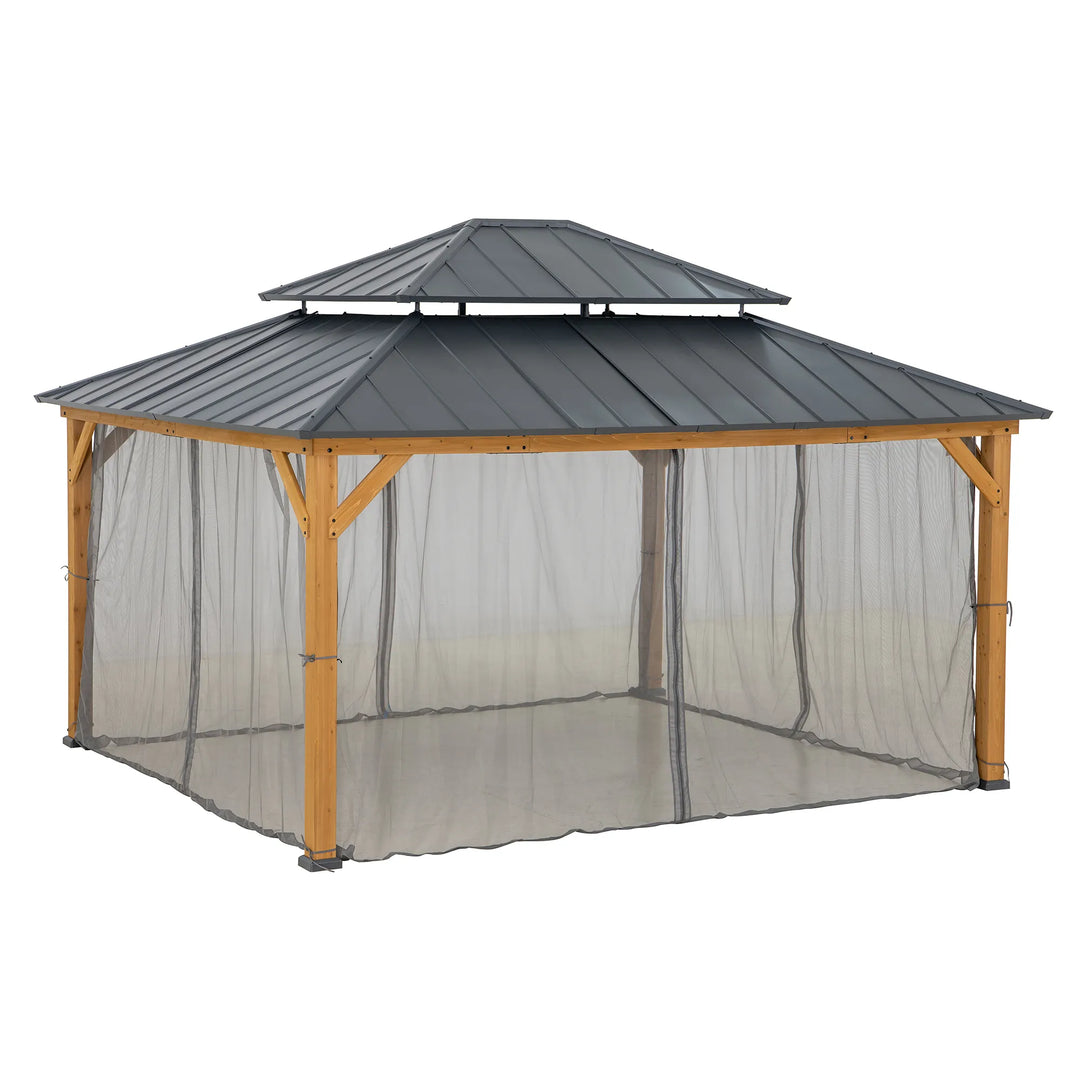 SUNJOY 3.9m x 4.5m Wood Gazebo with Netting &amp; Curtain